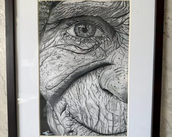 Retrato original a carboncillo firmado de un ojo de anciana / Obra de arte realista en blanco y negro / Cuadro contemporáneo enmarcado