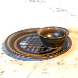 Vintage Flaxton Studio Pottery Dip Set - Textured Glaze Plate & Bowl, Mid-Century Australian Ceramic