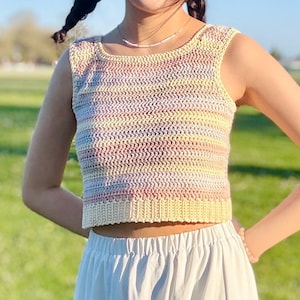Patroon schattig gehaakt tanktopje (pdf) – Eenvoudig zomertoppatroon met mesh-achterkant en geribbelde zoom – digitale download – geschikt voor beginners