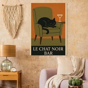 Retro Black Cat Lounge Poster | 1960s Mid-Century Wall Art | Le Chat Noir Bar Decor