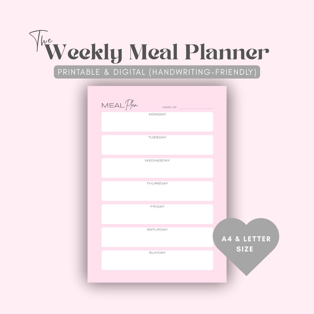 Blush Pink Weekly Meal Planner | Simple Printable PDF | Handwriting