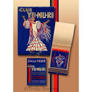 NY City Cuban Nightclub PRINT, Spanish Dancer & Drummer on Vintage Yu-Mu-Ri Matchbook Art Wall Decor for Home, Gift with 11 x 14 in. mat image 2