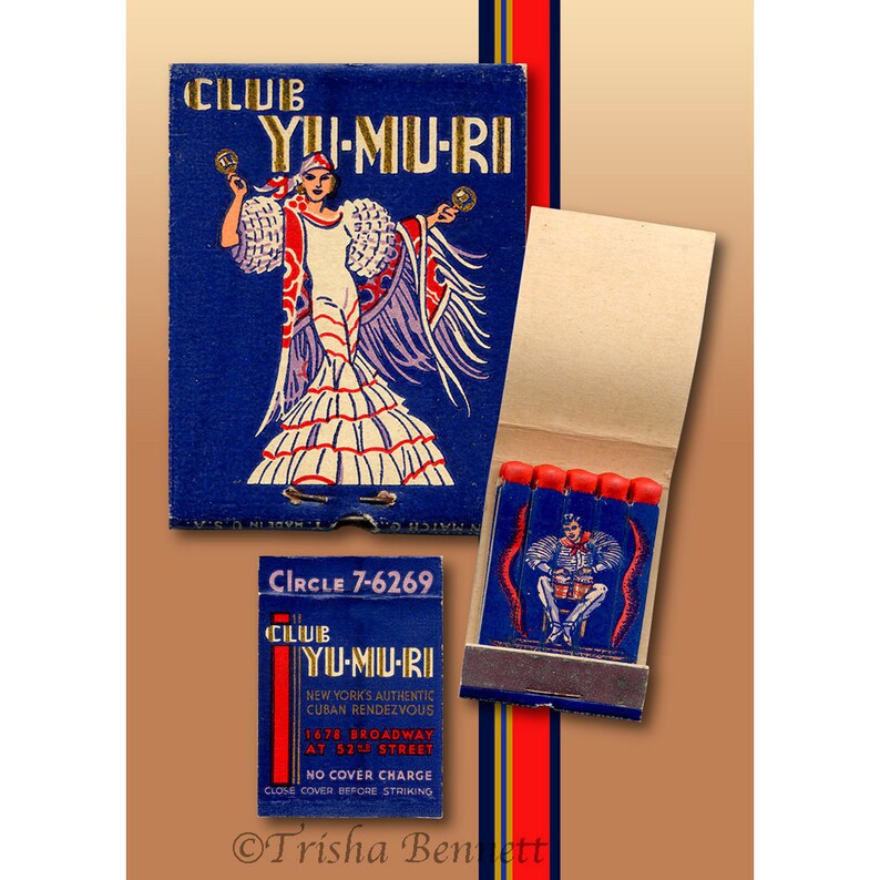 NY City Cuban Nightclub PRINT, Spanish Dancer & Drummer on Vintage Yu-Mu-Ri Matchbook Art Wall Decor for Home, Gift with 11 x 14 in. mat image 2
