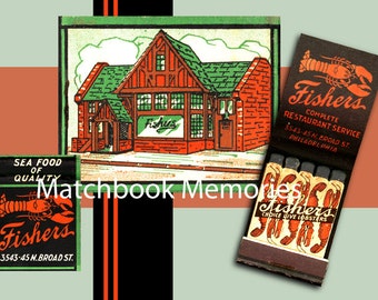 Fishers PRINT - Philadelphia History, a Matchbook Print circa 1950's Philly Seafood Decor Pennsylvania Kitchen Art with 11 x 14 inch mat