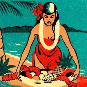 May include: A woman in a red dress and a white flower lei is holding a bowl of fruit. The bowl is filled with pineapples, bananas, and other tropical fruits. The woman is standing on a beach with palm trees in the background.