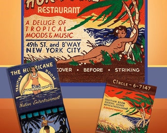 Tropical POSTER Wall Art 1950s NY Hurricane Matchbook Art Tiki Wall Decor Tahiti Bar Decor Topless Girls 16 x 20" Colorful Tropical Poster