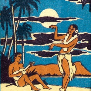 Tropical Hawaiian Matchbook Wall Art PRINT Hula Dancer Wall Tropical Wall Decor Hawaiian Beach Scene Tropical Island with 11x14 inch mat