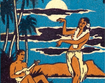 Vintage Hula Dancer Matchbook Art Print, Hawaiian Tropical Decor (11x14 inch Mat)