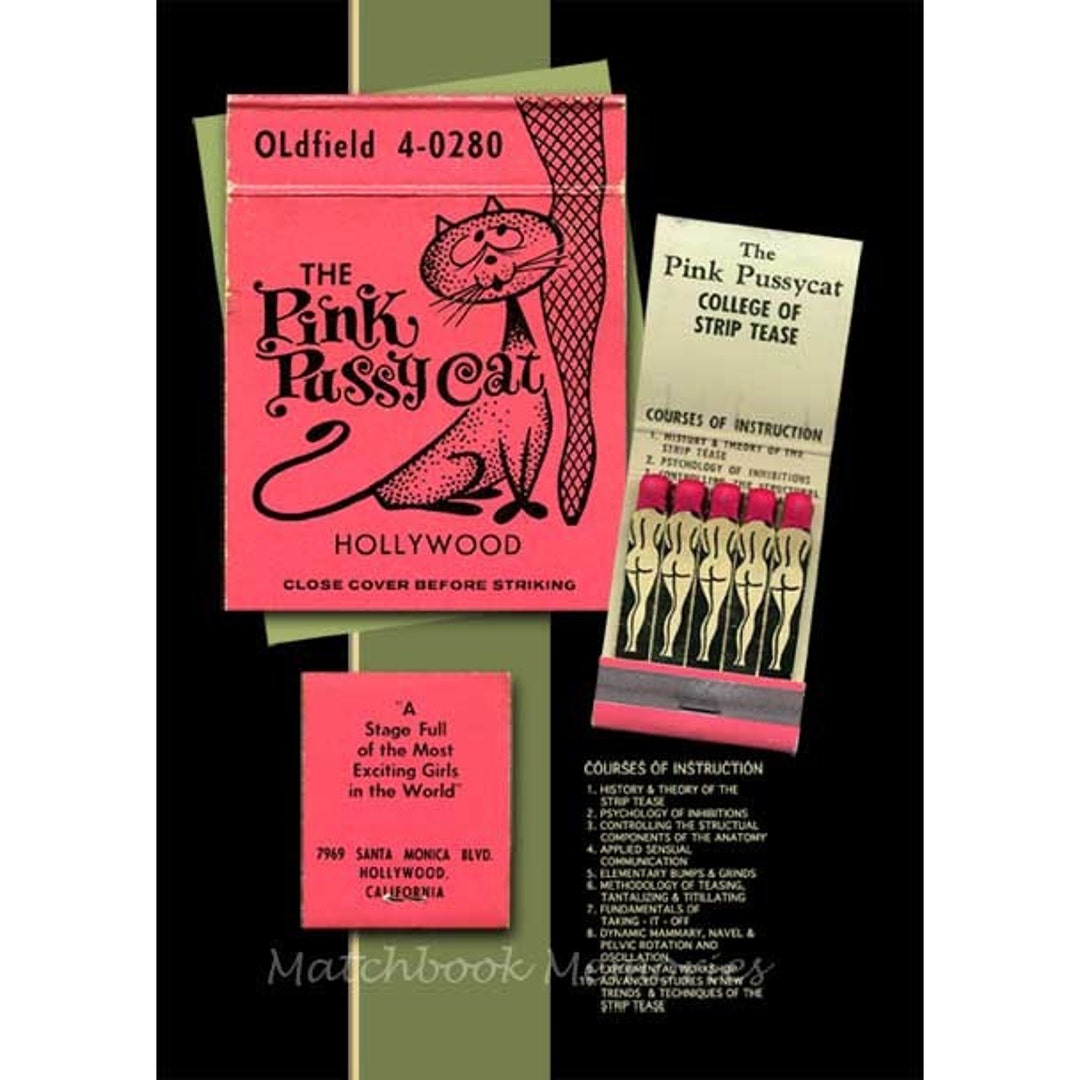 Pink Pussycat Burlesque Print, Vintage Hollywood Matchbook Art