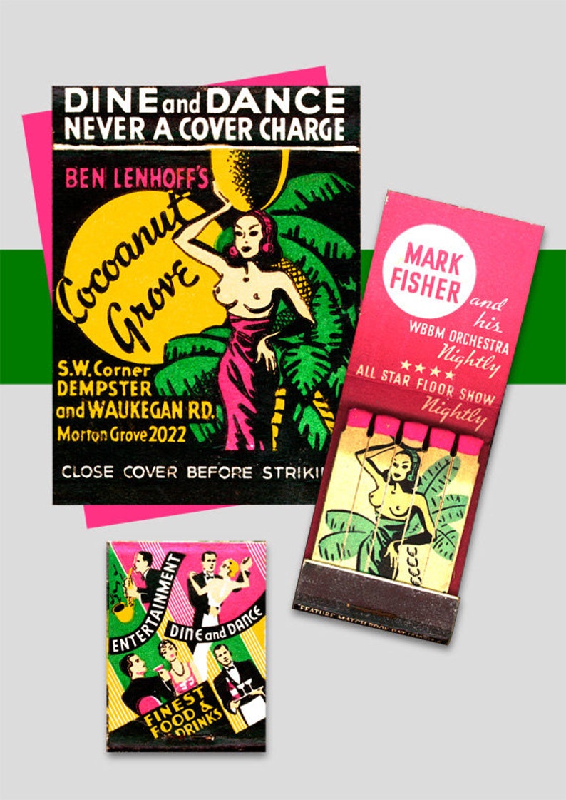 Tropical Nightclub Matchbook PRINT Exotic Girl Topless, Mature, 1930s Chicago Cocoanut Grove, Tropical Wall Art Bar Decor Print Gift for Men image 1