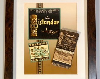 Islander Tiki Matchbook Display Wall Decor - Retro Los Angeles Tiki Restaurant - Tropical Art Tiki Outrigger and Map Polynesian Wall Decor