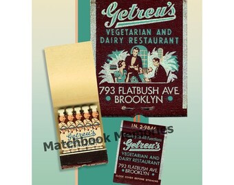 Vegetarian PRINT Brooklyn NY Wall Decor Getreu's  Vegetarian Restaurant Wall Art 1930s Matchbook Art New York with an 11x14 inch mat