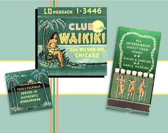 Hawaiian PRINT Tropical Decor Club Waikiki Matchbook Art Chicago Tiki Bar Hula Dancers Tropical Decor Island Art  11"x 14" mat included