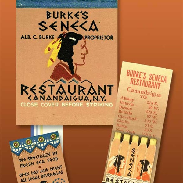 Native American Indian on NY Restaurant Print, Seneca Indian Wall Decor 1950s Finger Lakes Matchbook for home decor with an 11 x 14 inch mat