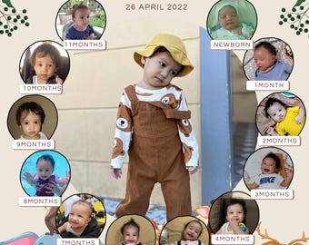 Puede incluir: Un collage de fotos del primer año de un bebé con el texto "Austin Davies Abas, MY ONEDERFUL YEAR, 26 ABRIL 2022." El collage incluye fotos del bebé desde recién nacido hasta los 11 meses, rodeado de animales de dibujos animados.