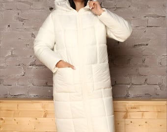 Long Puffer Coat Women Straight Fit Hooded Warm Winter Jacket Minimalist Quilted Outerwear
