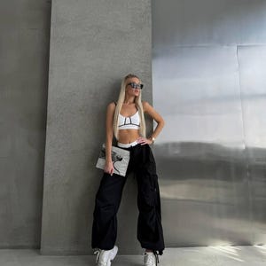 Cargo Pants – Vibrant Raspberry Black Oversized Cargo Pants with Drawstring Waist, Spacious Pockets & Effortless Street-Style Vibe
