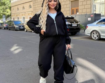 Black Lounge Set: Women's Cozy Cardigan & Pants Outfit