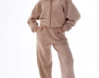 Chándal de forro polar beige para mujer: conjunto de dos piezas de forro polar de doble cara, cálido y cómodo para el día a día.