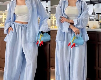 Linen Shorts Set with Lace, Trim Women Summer 2 Piece Set, Embroidered Linen Shirt and Shorts, Co-ord Boho Beach Outfit