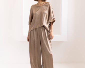 Brautjungfer Pyjama, Brautparty Pyjama, Set mit Hose mit weitem Bein, Seiden Palazzo Hose, Passende Braut Pjs, Baggy Plissee Harem Hosenanzug