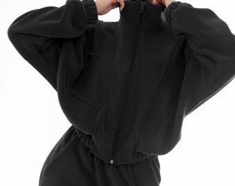 Chándal de forro polar para mujer: cómodo conjunto deportivo de dos piezas, forro polar de doble cara, ropa informal cálida para el día a día.