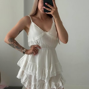 White Cotton Sundress with Lace Trim – Light Flowy Mini Dress Featuring Ruffles and Adjustable Straps for Casual Summer Days