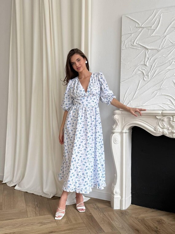 Floral Summer Dress: Romantic Blue Print Corset Midi Dress - Etsy UK