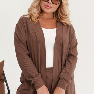 Womens Sets – Cappuccino Two Piece Outfit, Elegant Cardigan and Pants Matching Set, Comfy Everyday Co Ord Loungewear Gift for Her