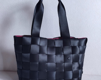 TSUMUGI | Handwoven Seatbelt Tote Bag with Leather Handle Wrap