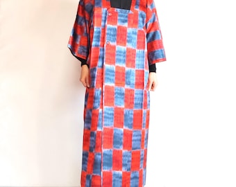 Vintage Japanse zijden haori-jas | Rood-blauw geruite kimono-jas uit de jaren 80