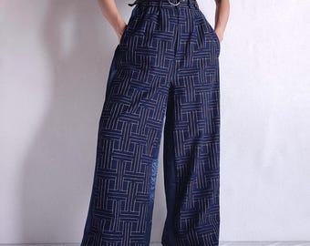 Vintage Japanse wollen kimono met wijde broekspijpen | Geometrisch patroon, handgemaakt in Japan
