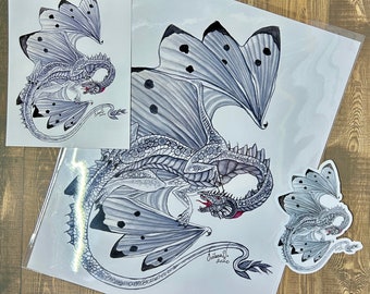 May include: A black and white illustration of a dragon with wings. The dragon has a long tail and a large head with a pointed snout. The dragon's wings are spread out and have a spotted pattern. The dragon is drawn in a realistic style.