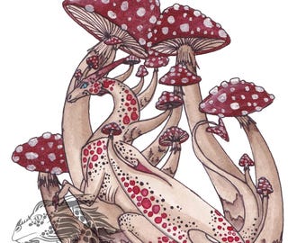 May include: Watercolor illustration of fantasy creatures intertwined with red-capped mushrooms. The creatures have beige bodies with red spots, and the mushrooms have white spots. The artwork is signed "JW 2024".