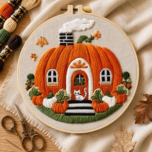 Pumpkin House Embroidery Kit, Fall Hand Embroidery Kit, Autumn Cottage Needlework, Cozy DIY Embroidery Craft Kit for Adults