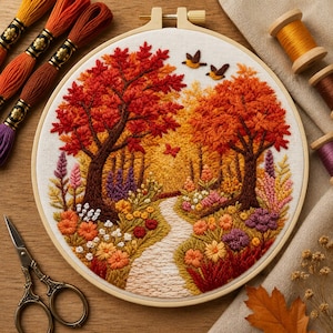 Autumn Forest Embroidery Kit, DIY Landscape Needlework Kit, Fall Tree Hand Embroidery, Nature Craft Gift, Woodland Stitching Project