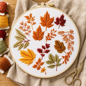Autumn Leaves Embroidery Kit, Fall Embroidery Kit for Adults, Botanical Needlework Craft, DIY Hand Embroidery, Cozy Autumn Gift