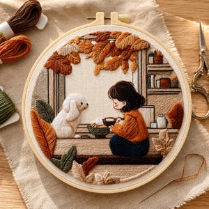 Cozy Autumn Embroidery Kit for Beginners, Girl and Dog DIY Embroidery Kit, Fall Needlework Craft, Hand Embroidery Gift for Adults