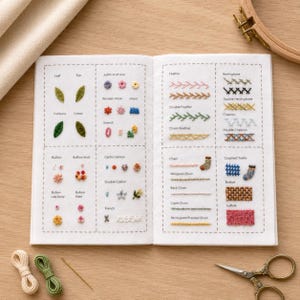 May include: An open embroidery instruction booklet on white fabric featuring various stitched patterns and labels. The pages display colourful thread samples including leaf, rose, feather, and chain designs. A needle, two small bundles of thread, and scissors are nearby.