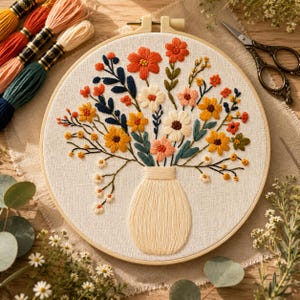 Può includere: Un telaio da ricamo contenente un pannello in tessuto con un bouquet di fiori cucito in un vaso. Il design presenta fiori e foglie in filo arancione, giallo, bianco e blu scuro. Accanto al telaio ci sono matassine di filo da ricamo e forbici.