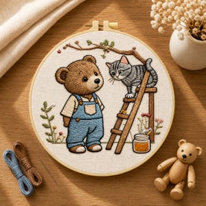 DIY Teddy Bear Embroidery Kit, Cute Bear and Kitten Embroidery Pattern, Nursery Needlework Hoop Kit, 20 cm (7.9 Inches)
