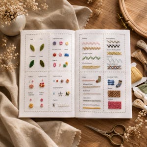 Puede incluir: Un libro de guía de bordado abierto que presenta varios patrones y técnicas de puntadas etiquetadas con texto, incluyendo puntadas de hoja, pluma, cadena y nudo, mostradas en páginas blancas con líneas de cuadrícula punteadas.