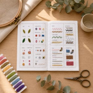 May include: An open instructional booklet featuring various embroidery stitch samples on white fabric pages, including leaf, feather, and chain stitches. The book is surrounded by a wooden embroidery hoop, colourful thread bobbins, and metal scissors.
