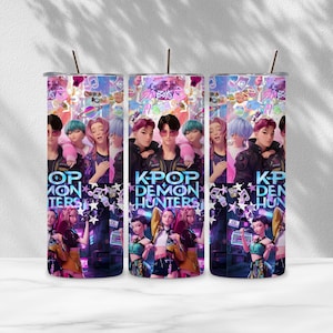 May include: Three stainless steel tumblers with a K-Pop Demon Hunters design. Each tumbler features a vibrant graphic of anime-style characters and the text "K-Pop Demon Hunters". The tumblers have a silver straw.
