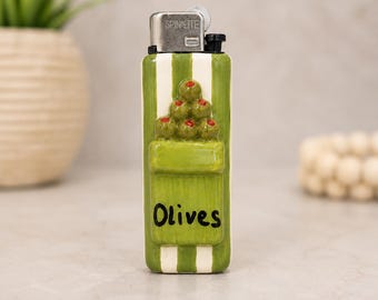 Olive Lighter Case, Handmade Polymer Clay Lighter Cover, Food Inspired Lighter, Cute Gift, Refillable Lighter Sleeve