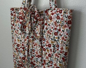 Handmade Quilted Tote Bag – Boho Autumn Floral Print, Cotton Shoulder Bag