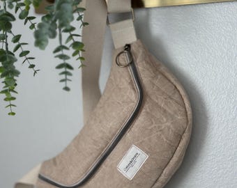 Quilted Linen Half-Moon Bag • Handmade Sling Belt Bag Antique Brass Zip
