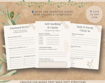 Mental Reset Kit – 3 Gentle Printable Pages for HSPs, Empaths & Overthinkers | Self-Soothing and Clarity Tools (A4 PDF)