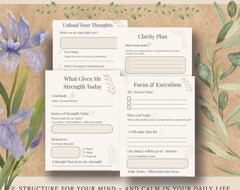 Selfcare & Clarity Planner PDF Bundle – 4 Printable Pages for Focus, Thought Unload, Strength and Reflection | Mental Health Worksheets (A4)