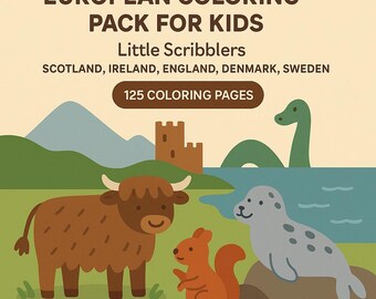 May include: A coloring pack for kids with the text "EUROPEAN COLORING PACK FOR KIDS" and "Little Scribblers". The image features illustrations of a Highland cow, squirrel, seal, castle, and Loch Ness Monster. Includes 125 coloring pages.